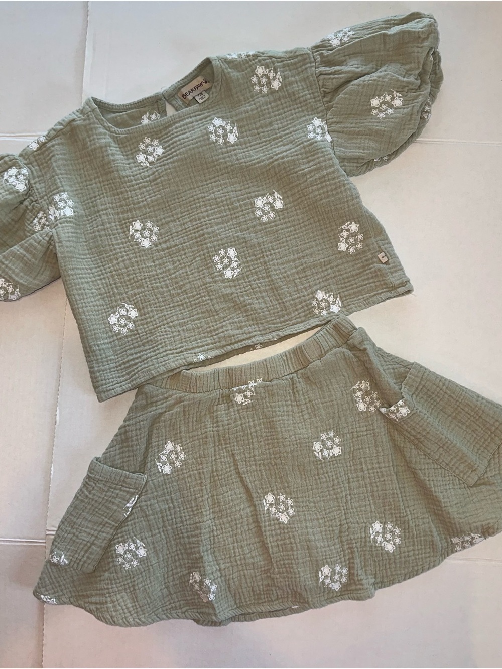 BearPaw Sage Green Floral Gauze Skirt set with bubble sleeves